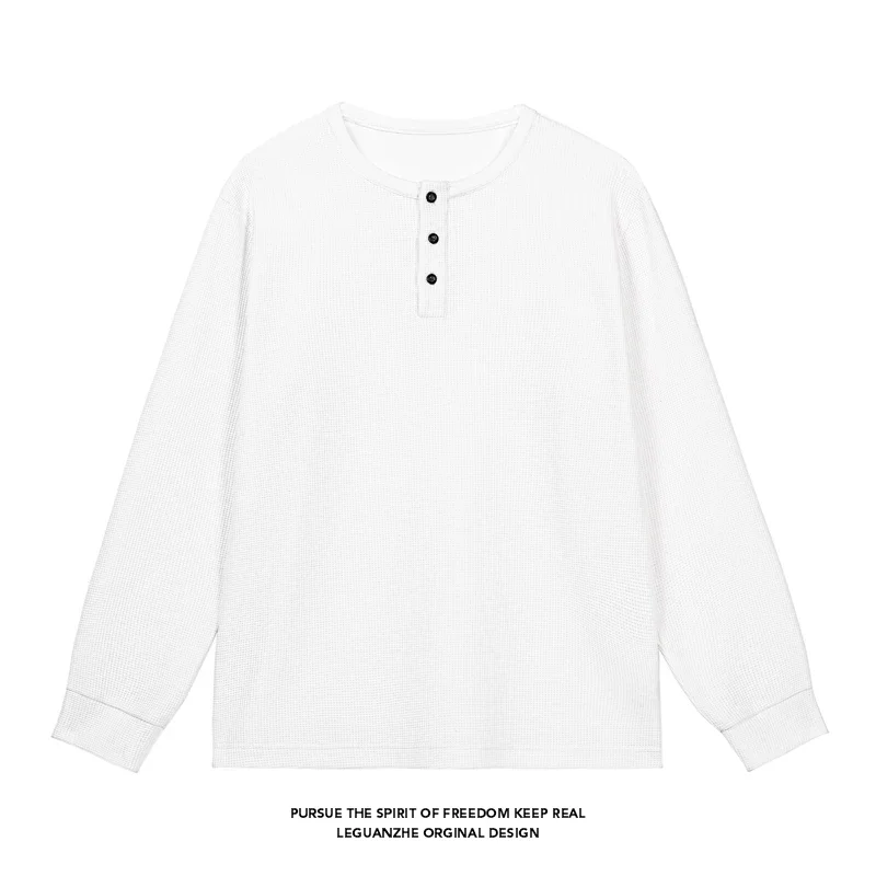Men's Waffle Knit Henley Long Sleeve T‑Shirt 3‑Button Placket Casual Loose Fit Crew Neck Daily Top Shirts image 4