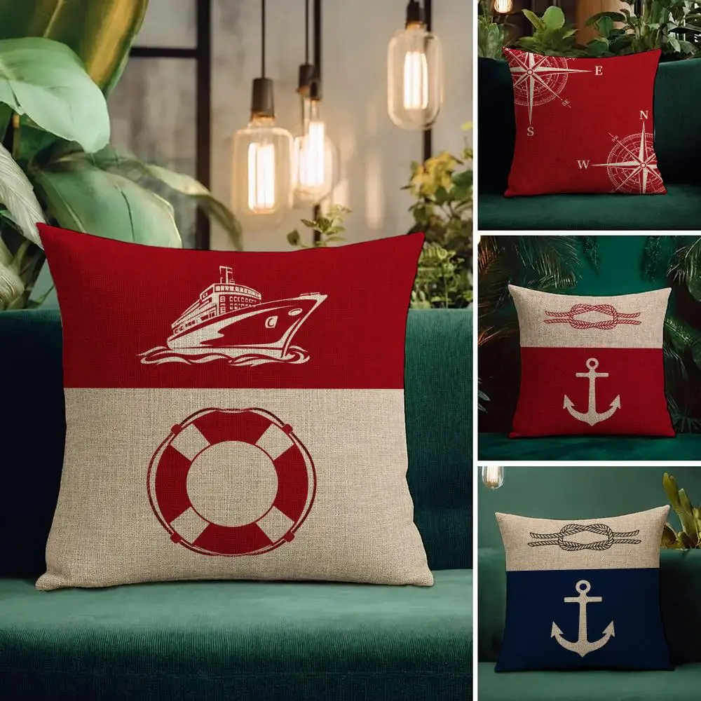 Art Vintage Nautical Pattern Cushion Cover Natural Linen Pillowcase Set Cushion Cover for Sofa Bedroom Chair