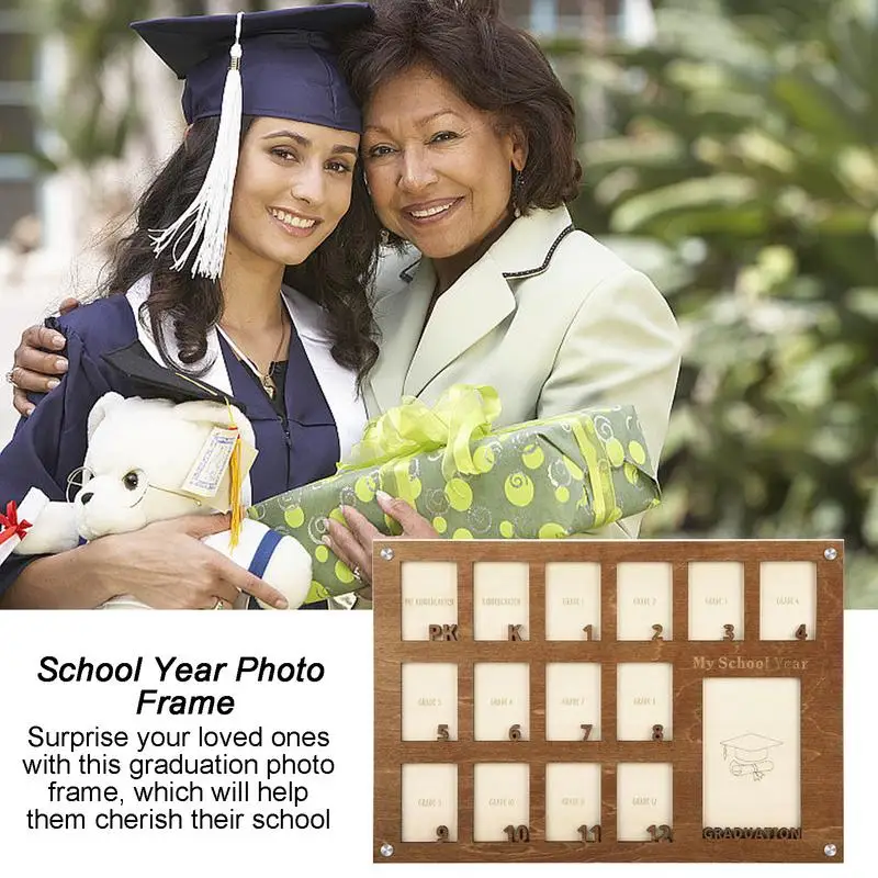 School Picture Frame Pre-K To 12 Graduation Frame Wooden Photo Frame With 15 Slots Wall Mount Table Top Display Solid