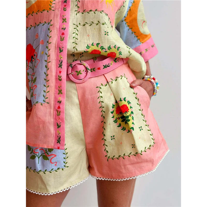 

AOAO-2 Piece Short Set For Women Casual Short Sleeve Collar Button Shirts Elastic Waist Shorts With Belt Sets