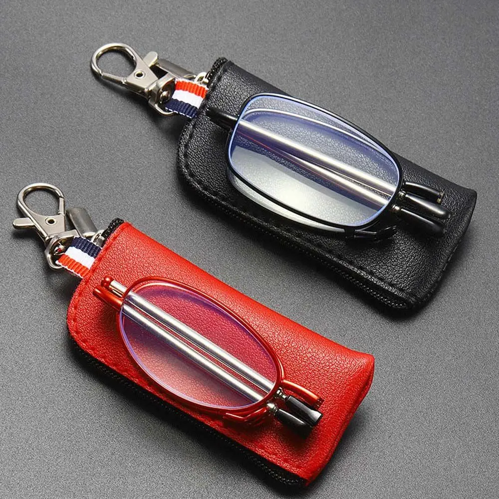 For Men Resin +1.0~+4.0 Metal Anti-Radiation Key Chain With Storage Bag Women's Reading Glasses Folding Reading Glasses