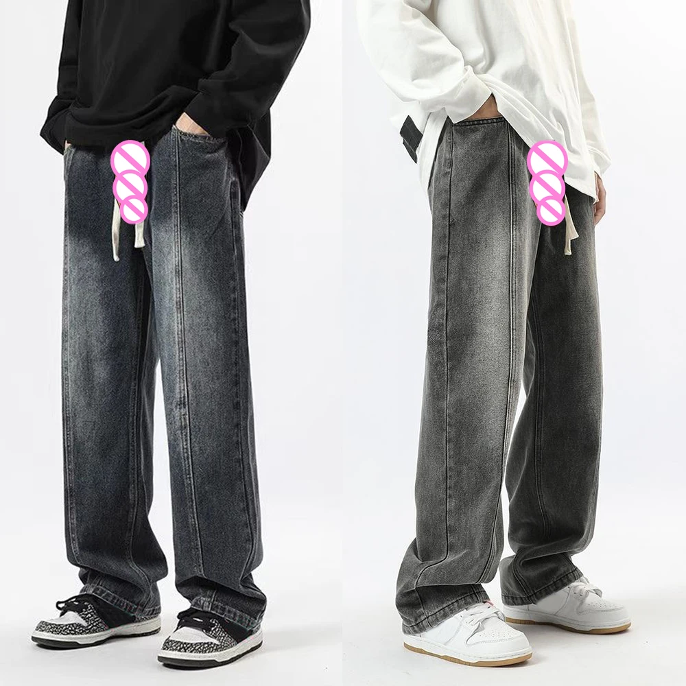 Baggy Pants High Street Men's Jeans Invisible Open Crotch Outdoor Sex Spring Autumn Slacks Straight Wide Legs Trousers