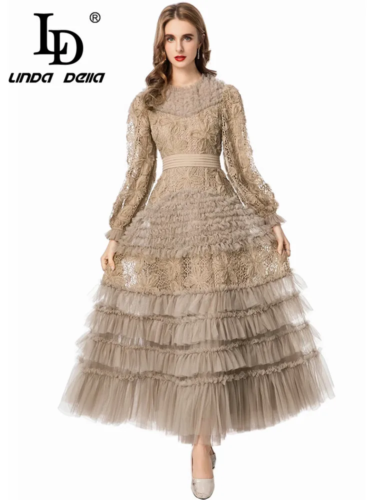 LD LINDA DELLA 2025 الخريف/الشتاء موضة شبكة سوداء الفطريات حافة مكدسة المرقعة كم طويل الرقبة المستديرة S-4XL فستان