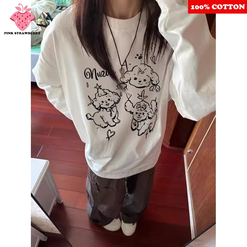 

Korean Cute Dog Print T-shirt Women Autumn 2025 New 100% Cotton White O-Neck Tee Loose Casual Y2k Tops Elegant women's shirt