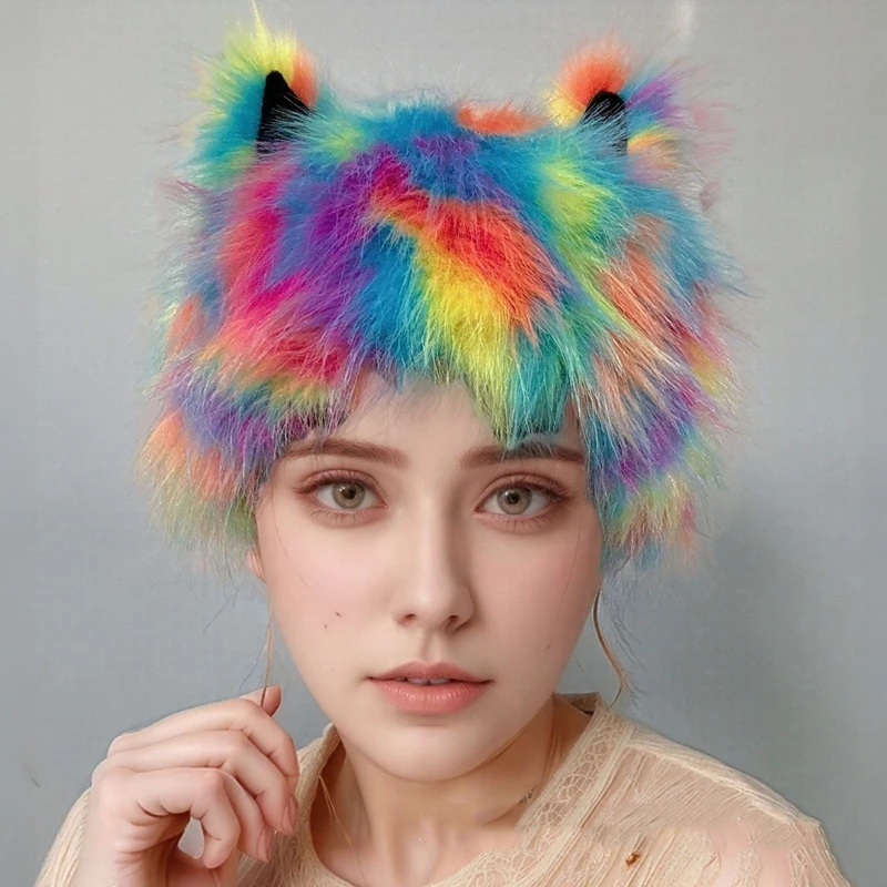 Imitation fur hat rainbow cat ear headwear festival funny dress hat party performance color fox hair warm hat