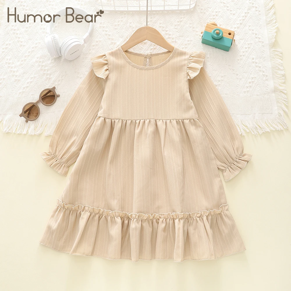 

Humor Bear Girls Clothing Spring Autumnr French Long-sleeved Solid Color Flying Sleeve Pleated Hem Dress Princess Dress 3-7Y