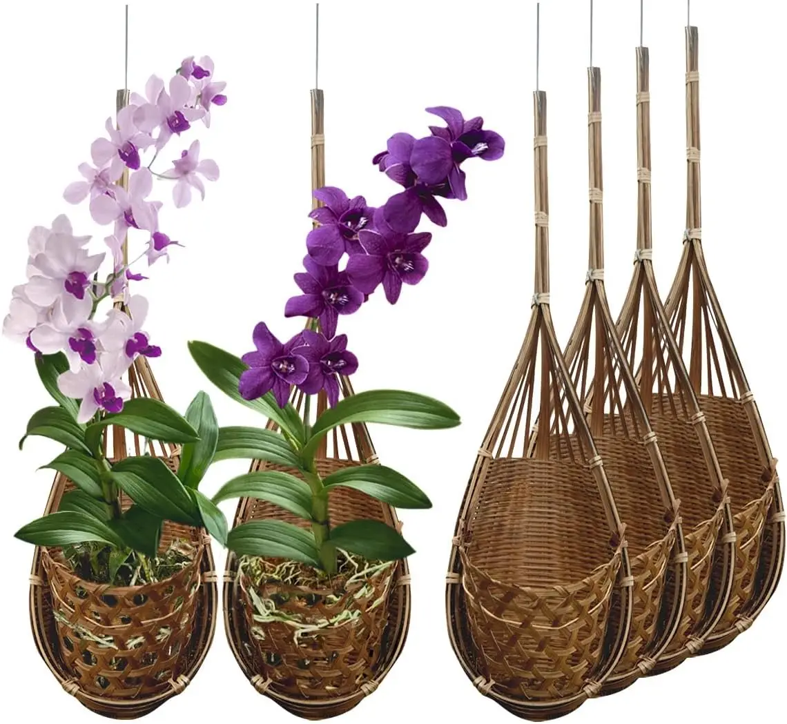 

Handmade 100% Thai Bamboo Hanging Orchid Basket Set of 6, 4-Inch Natural Plant Hangers