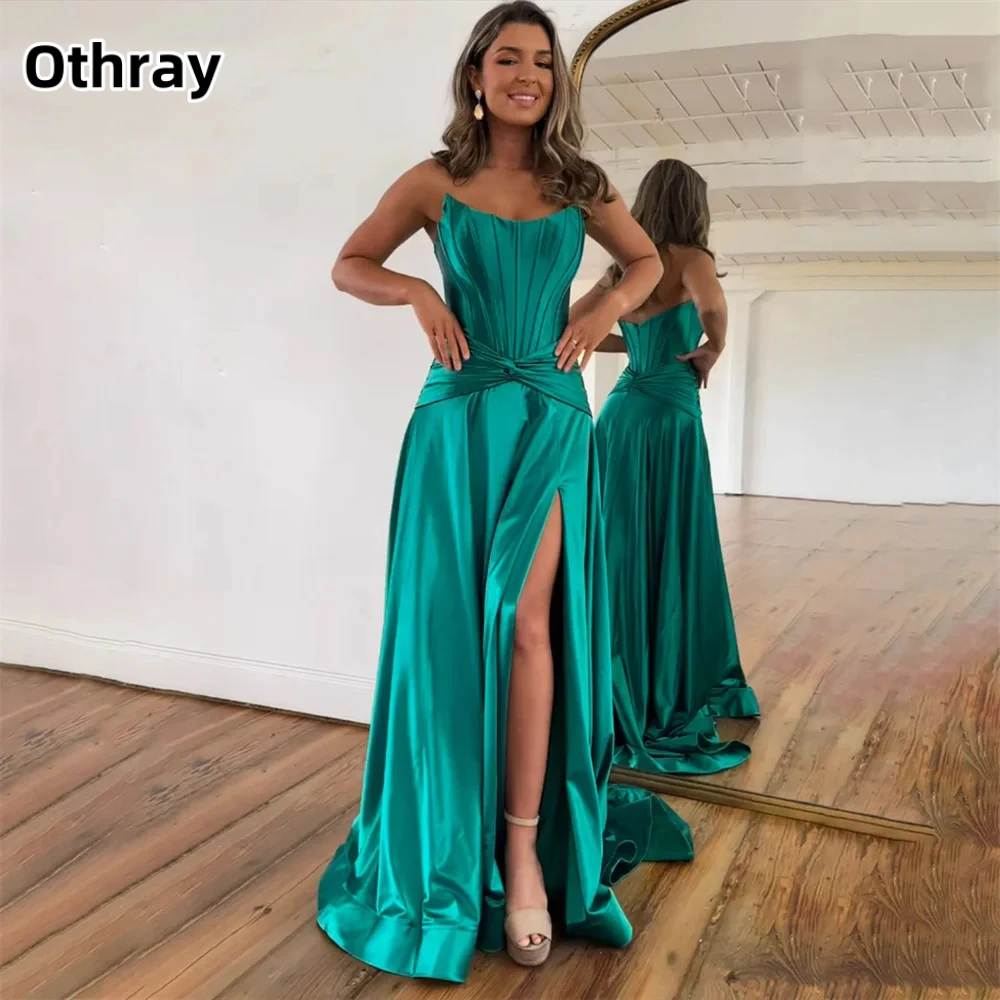 

Othray Strapless Beach Party Dresses Satin Side Split Evening Dresses Simple vestidos de fiesta Sleeveless Formal Occasion Dress