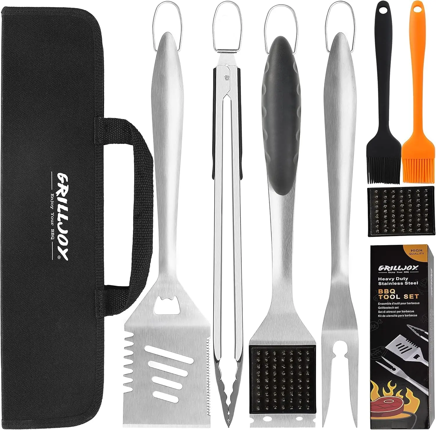

8PCS BBQ Grill Tools Set with Stainless Steel Spatula, Fork, Tongs & Brush - Portable Bag - Perfect Grill Gift for Men Black