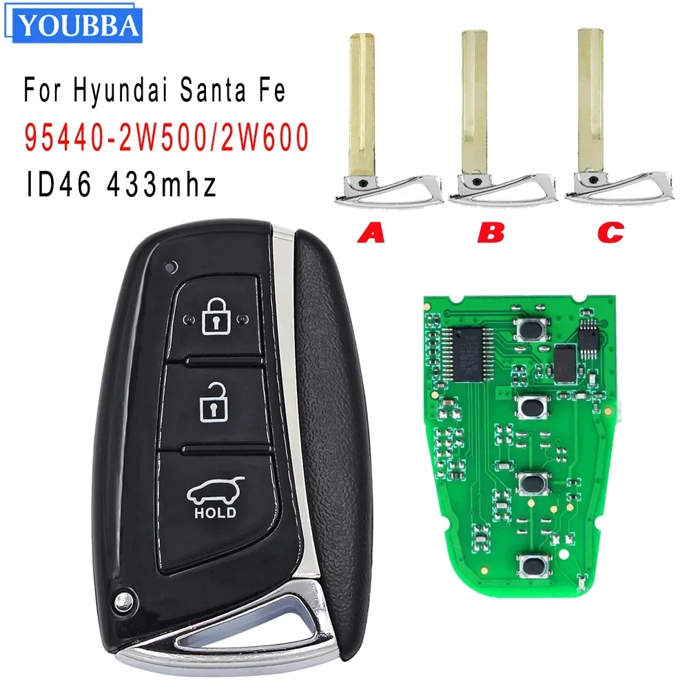 YOUBBA 3 Buttons Smart Remote Car Key Fob For Hyundai Santa Fe 433Mhz ID46 Chip FCC ID: 95440 2W500 / 2W600 2013-2018