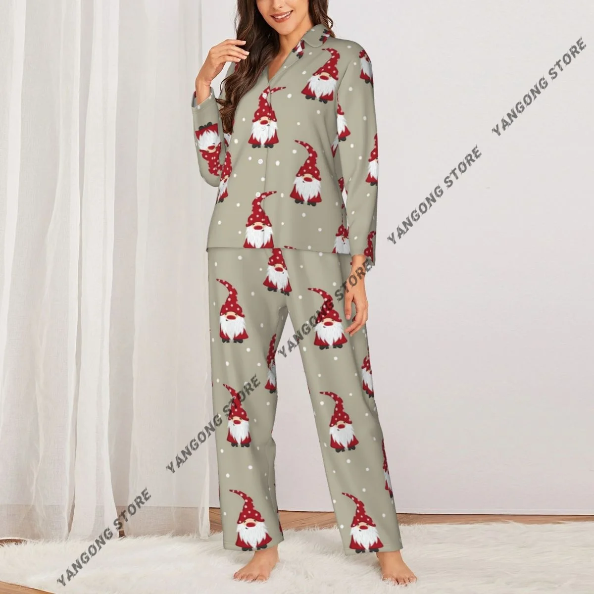 Women's Pajamas Long-sleeved Girl Loungewear Two-piece Set Christmas Gnomes Design Pajamas for Autumn Spring