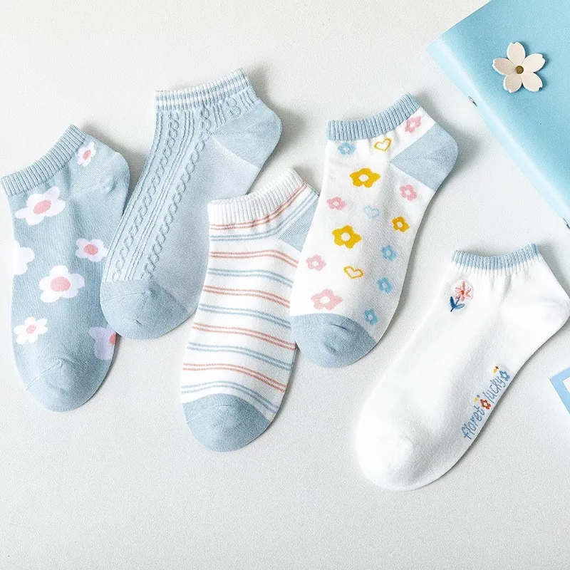 Calcetines tobilleros de algodón para mujer, medias cortas de corte bajo con diseño de flores y cielo azul, lote de 5 pares