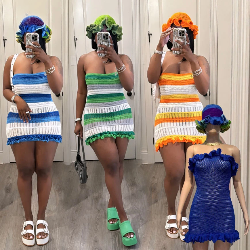 Knitted 2 Piece Sets Women Hats And Mini Skirts Fashion Casual Strapless Dress Matching Suits