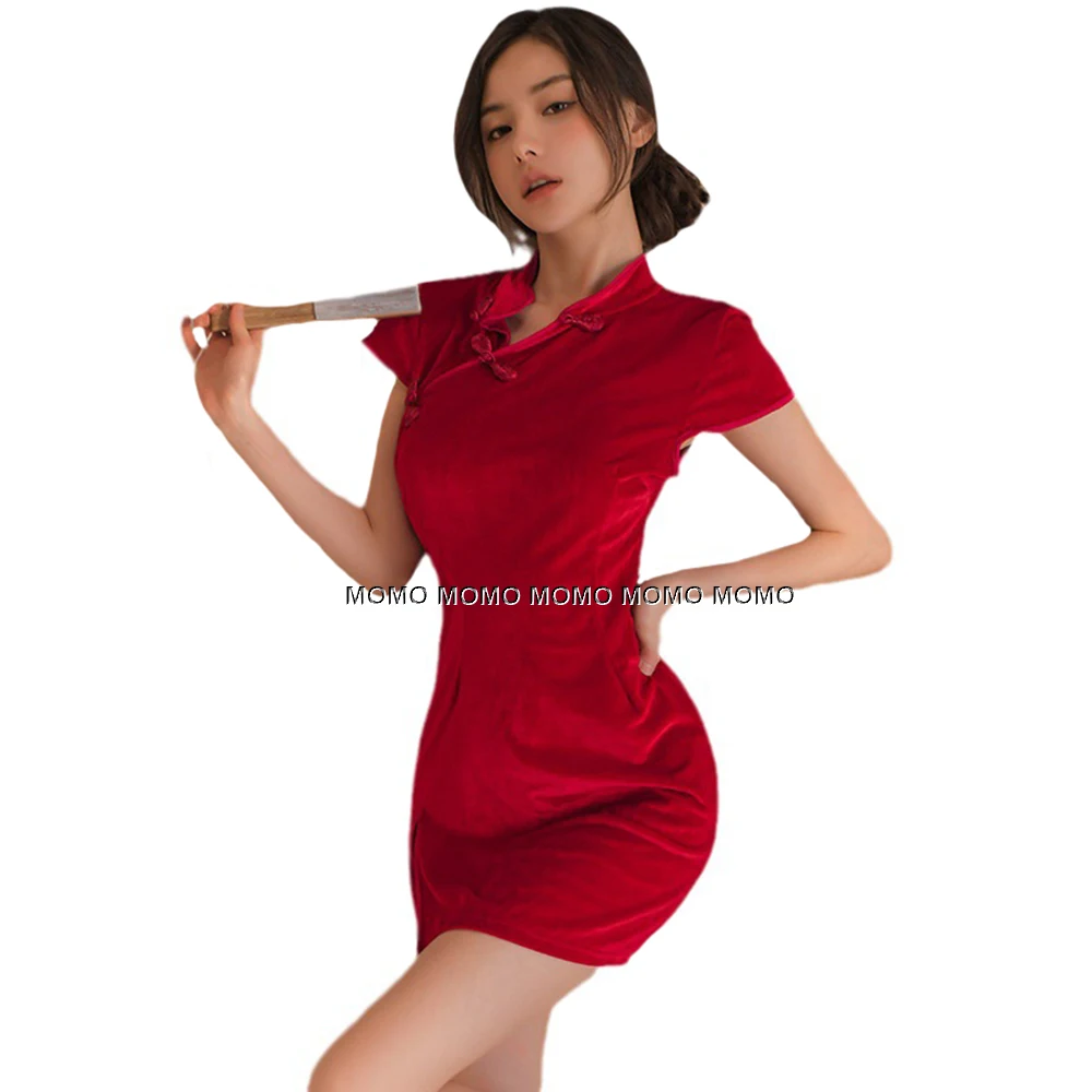 Velvet Sleepwear Chinese Traditional Cheongsam Babydoll Sexy Lingerie Qipao Chinese Style Close-fitting Dress Vintage Nightdress