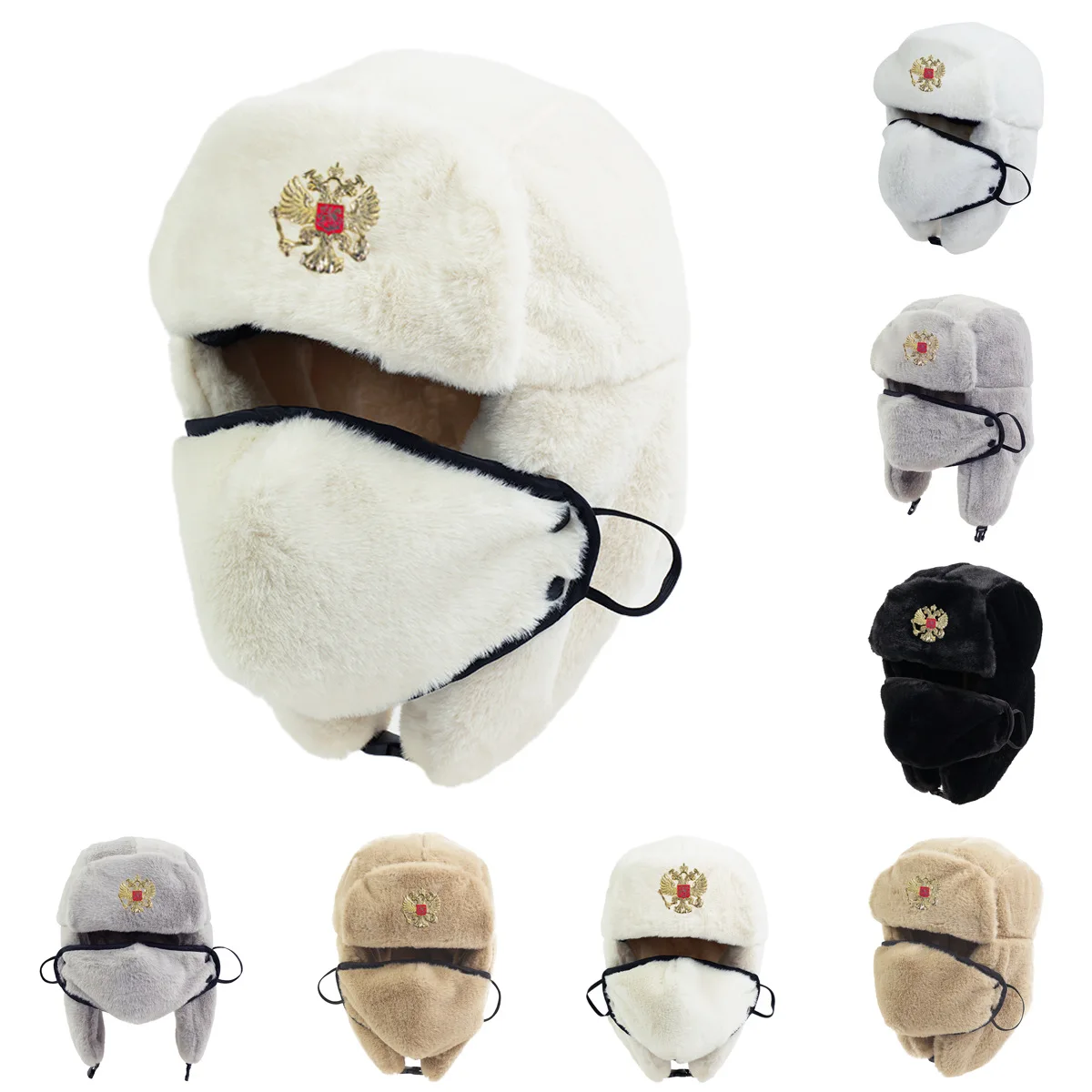 Retro Soviet Double-headed Eagle Emblem Fashion Trendy Plush Earmuff Face Mask Style Warm Hat