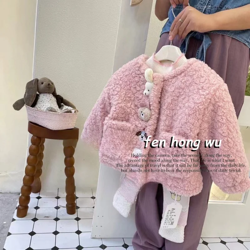 

Fleece-Lined Suit Korean Style Girls' Animal Doll Furry Cotton Coat Jacket Striped Leggings