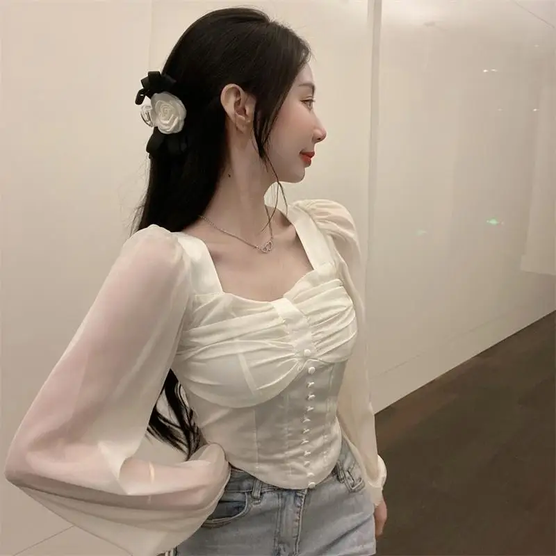 Spring Clothing New Style Pure Desire High-end White Chiffon Shirt Women\'s Design Sense Niche Chic Short Top