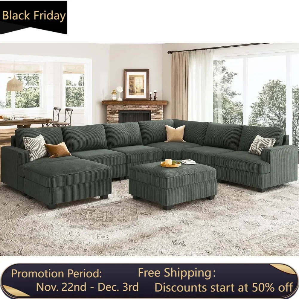 

Sectional Sofa with Storage Ottoman, Corduroy Modular Sectional Couch, U Shape Sectional Couches for Living Room, Green