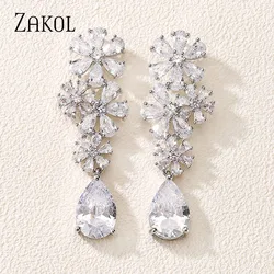 ZAKOL Vintage Luxury Green CZ Water Drop Flower Dangle Earrings Elegant Glamour Bridal Wedding Party Jewelry for Women EP5241