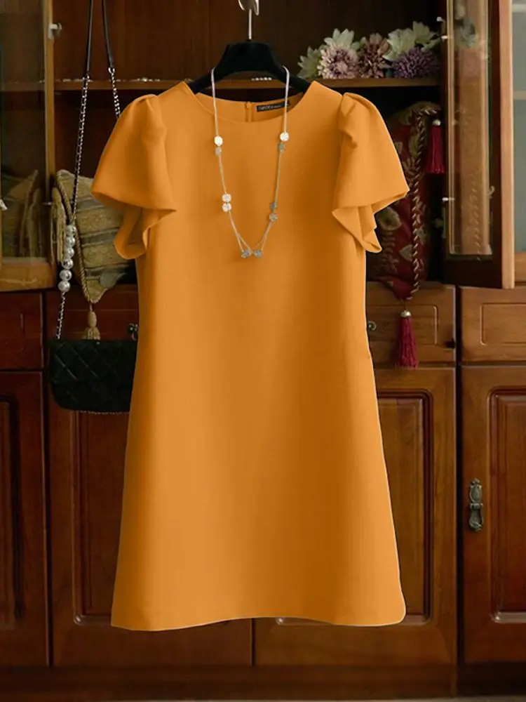 

ZANZEA Elegant Mini Dress 2025 Vintage Short Sleeve Solid Color Office Work Sundress Fashion Casual Loose Robe Femme Vestidos