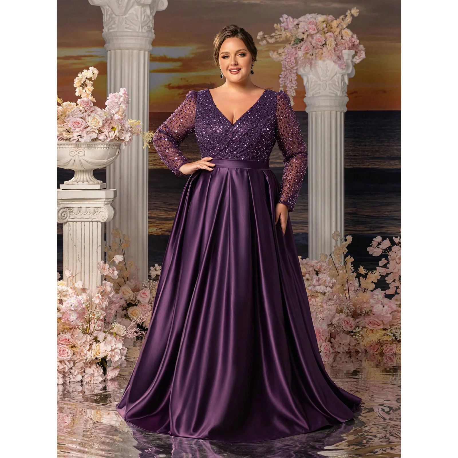 

Вечерние платья для мам больших размеров из атласа с пайетками, с перекрывающимся вырезом, элегантное и торжественное длинное платье, 2026.