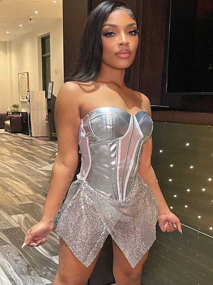 

Black Silver Mesh Sequin Party Short Prom Corset Dress Sleeveless Strapless See Through Night Club Evening Gowns Sexy Dresses