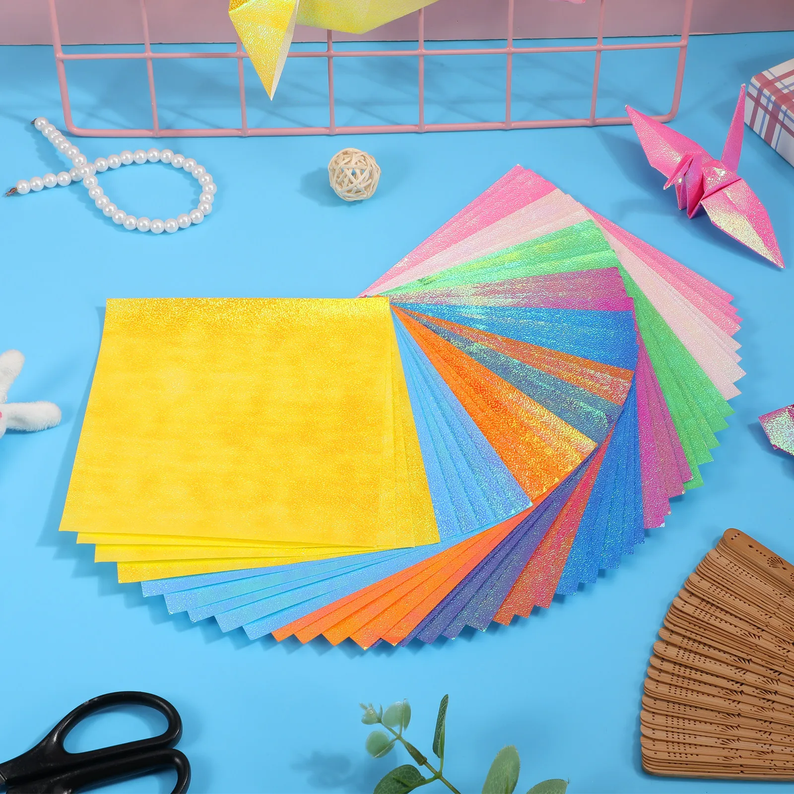 50Pcs Iridescent Shiny Folding Paper Squares 15Cm Premium Colored Craft Sheets for DIY Origami Crane Cutting Scrapbooking Party