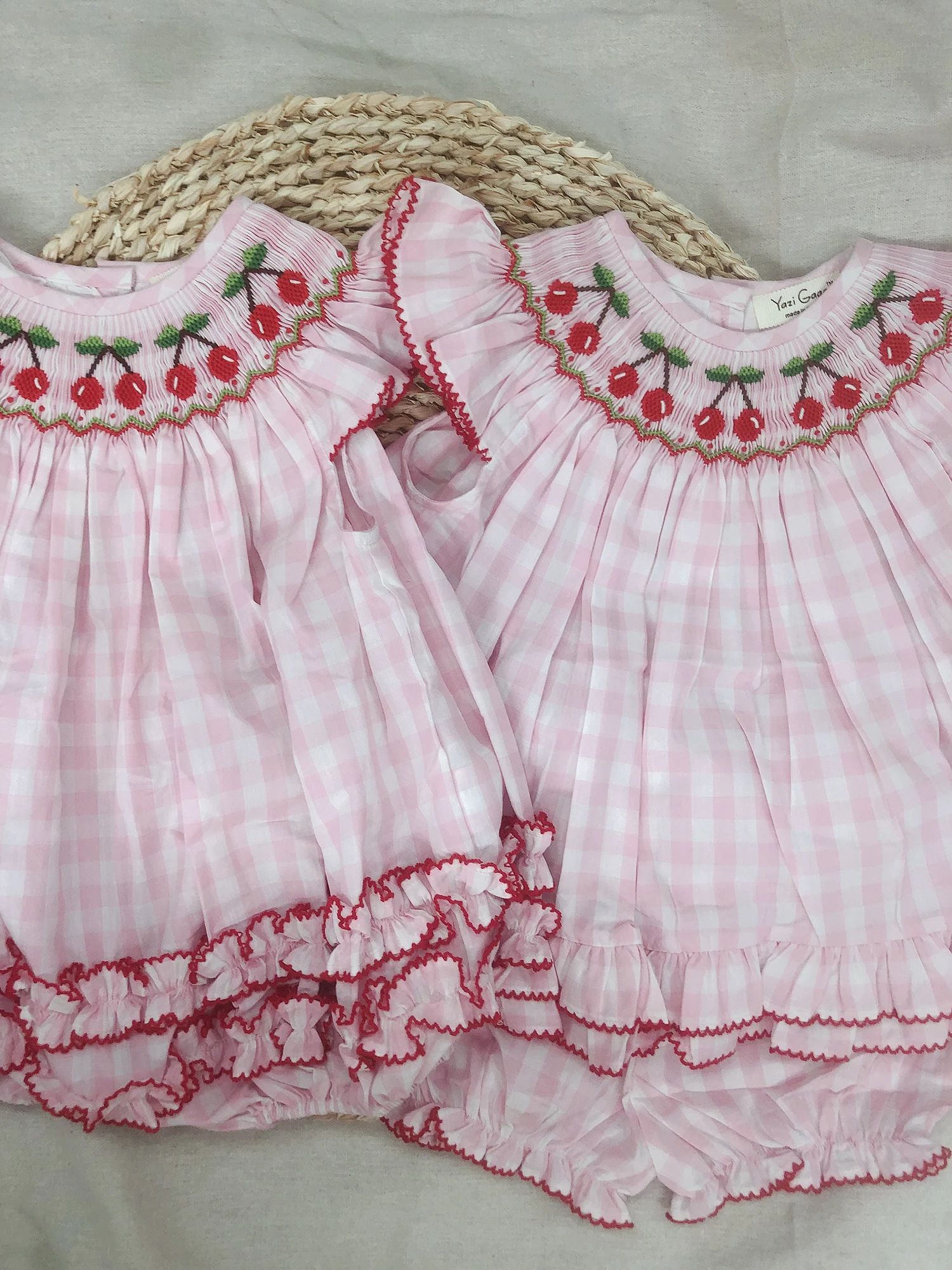 Cherry Smocked Clothes Summer Pure Cotton Pink Plaid Hand-Embroidered Suit Girls Outfit Boutique Clothing Flying Sleeves Cute