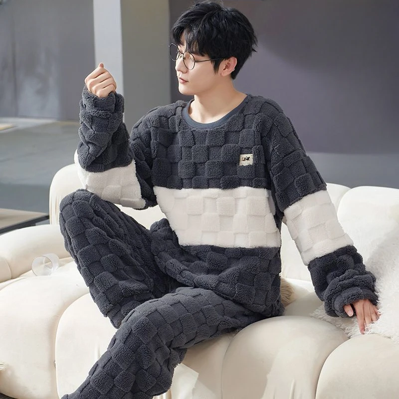 Boy Student Korean Version Thickening Fleecing Long Sleeve Cartoon Man Coral Fleece Loungewear Autumn Winter Flannel Pajamas