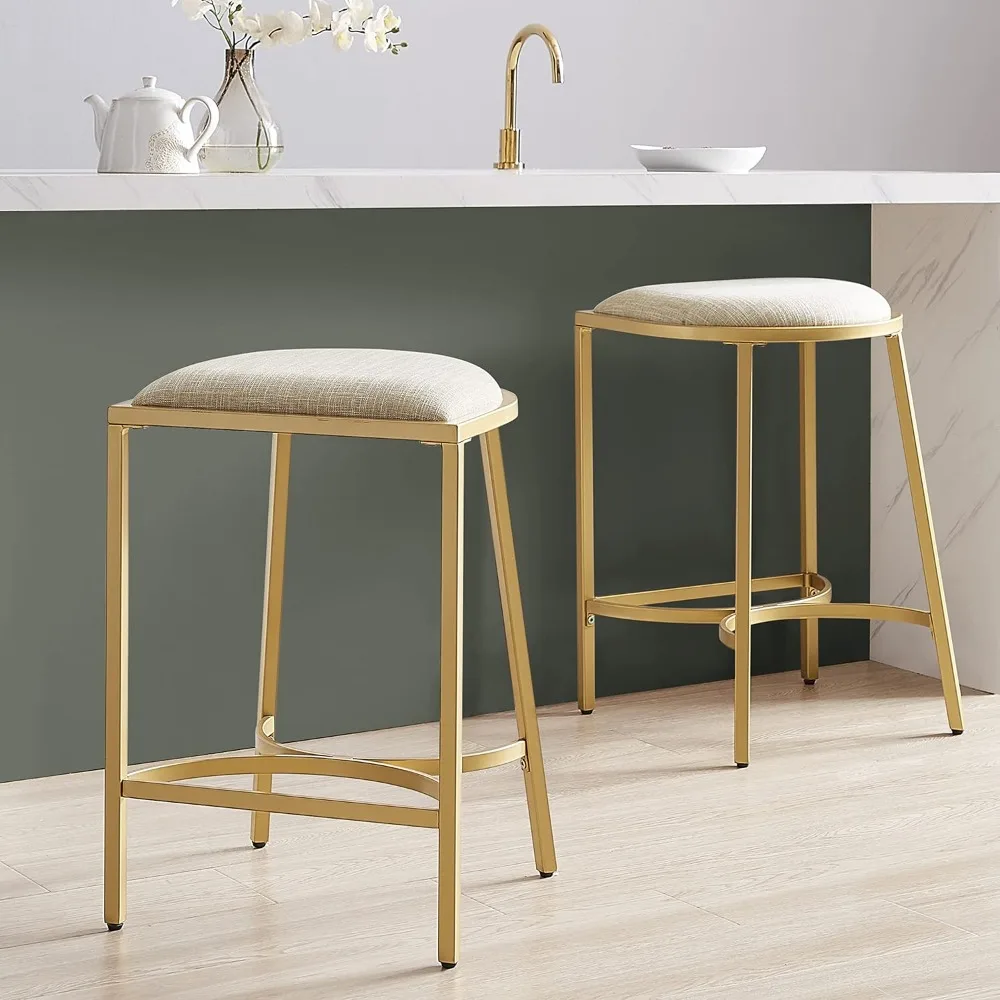 Upholstered Seat Counter Height Bar Stools Set of 2, Oatmeal/Gold