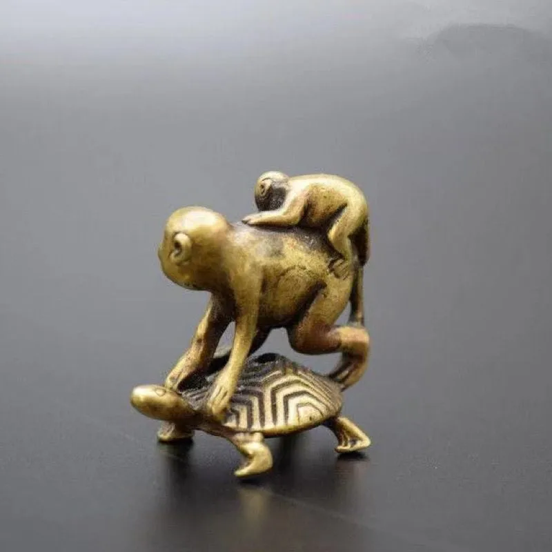 Antique Bronze Turtle Crarrying Monkeys Miniatures Figurines Desk Ornaments Decorations Accesorries Copper Funny Children Gifts - view 3
