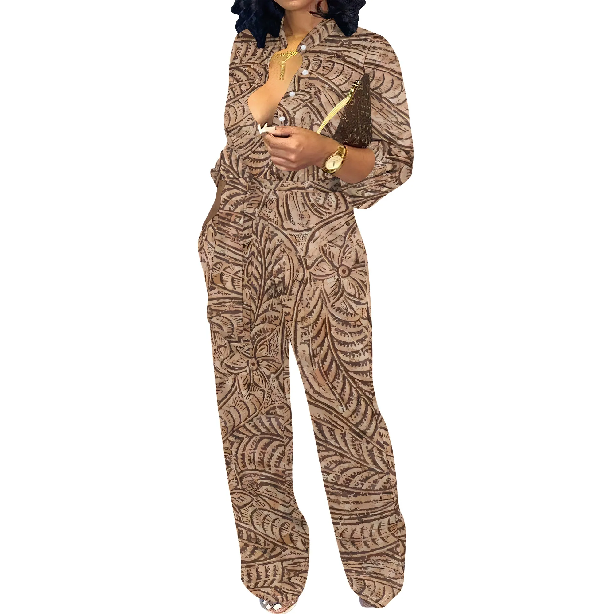 بدلة قفز Nupusa بطباعة هندسية للنساء مقاس قياسي صيفي كاجوال بياقة قميص نصف كم