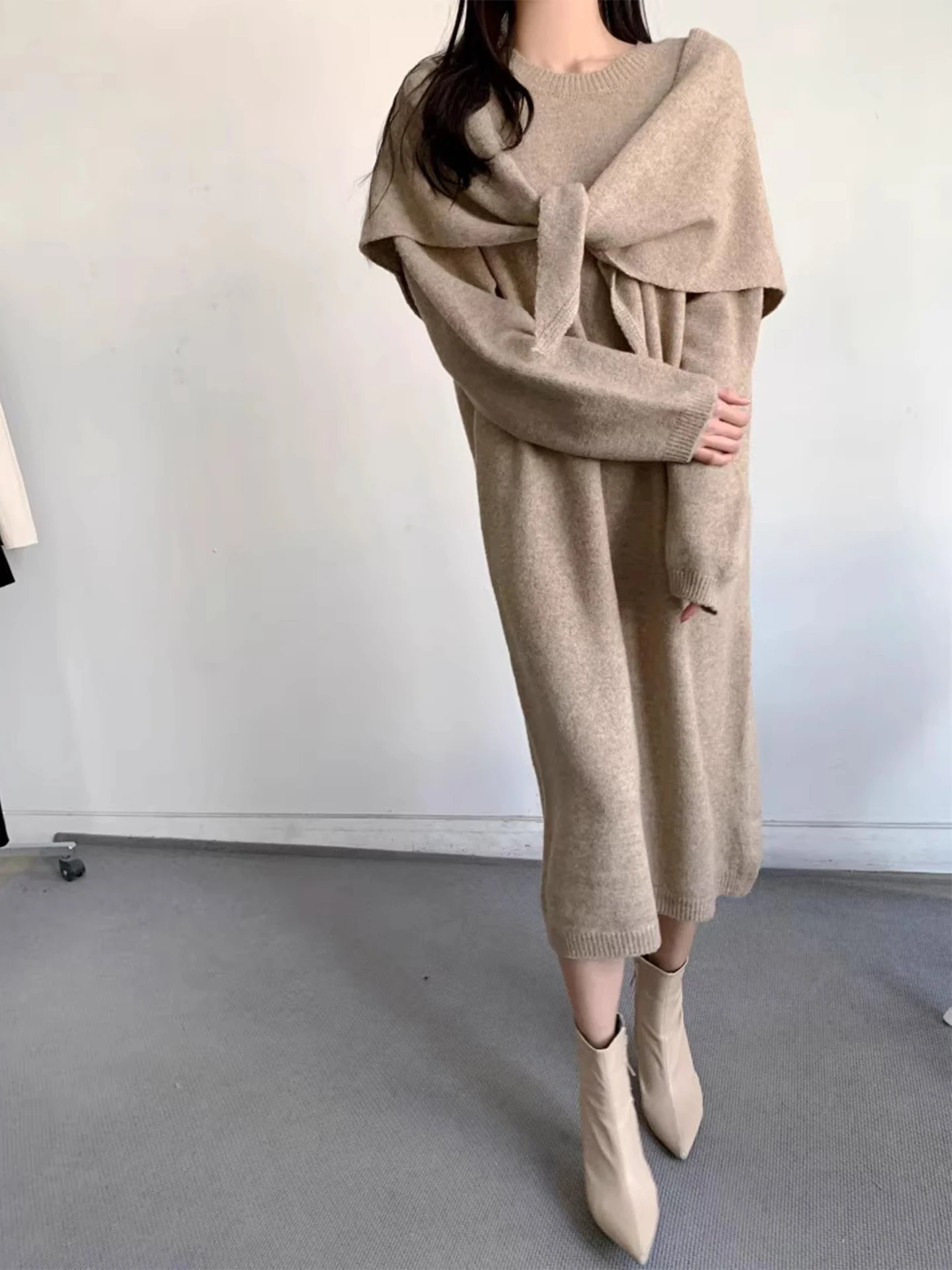 Faionable Thiened Knitted Dr Set para mujer Invierno 2025 Color puro Cintura alta Chic Largo Sve redondo Ne Loose Fit Two...