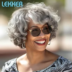 Lekker-Peluca de cabello humano 100% rizado para mujer, pelo Remy brasileño, color gris y plateado, con sal y pimienta, hecha a máquina