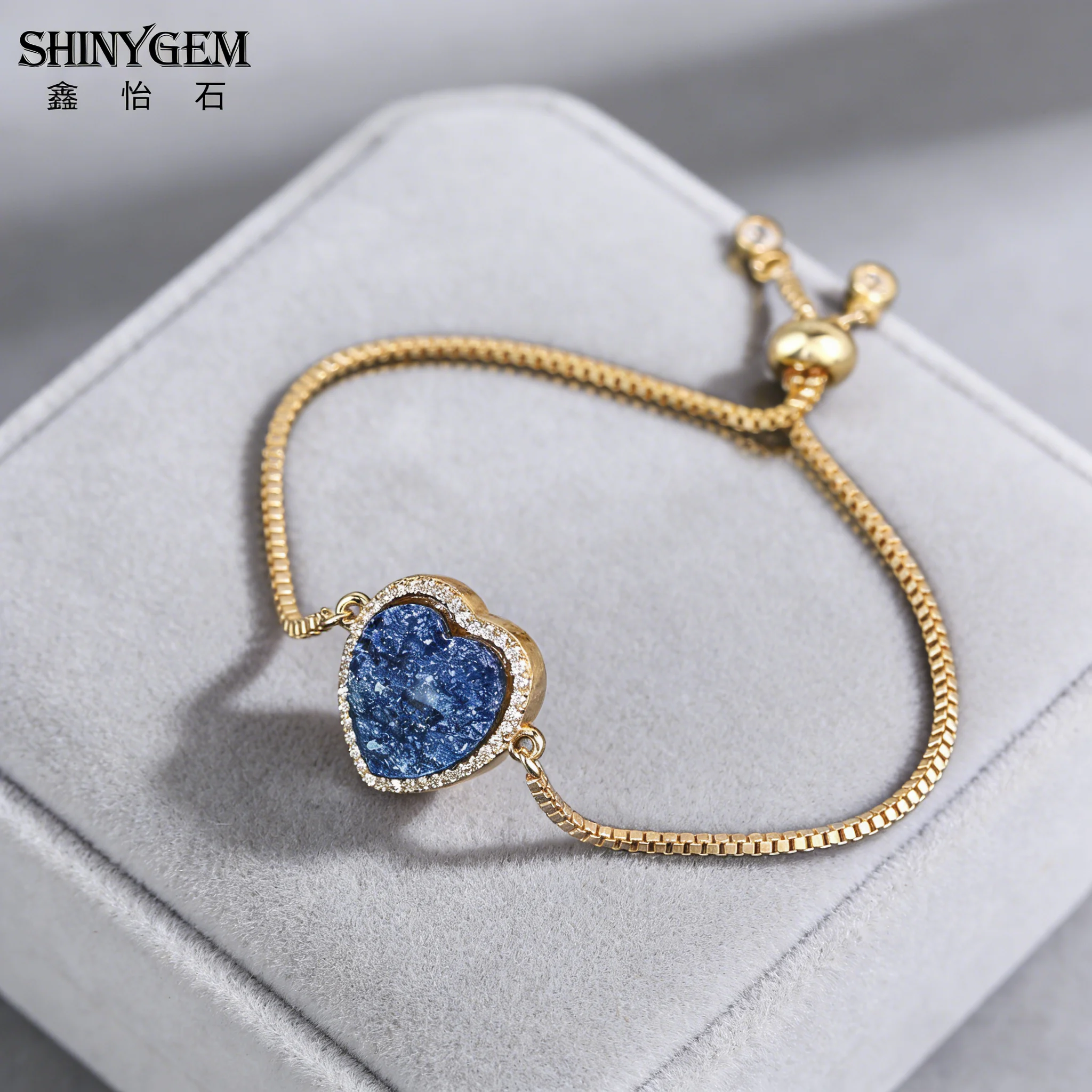 

shinygem natural vintage love charm bracelet sparkling blue white opal stone adjustable big druzy heart women