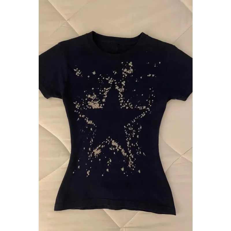 

T-Shirts Punk Vintage Women Clothes 90s American Retro Short Sleeve Slim Black Tees Aesthetic Y2k Crop Top Summer 2025 New