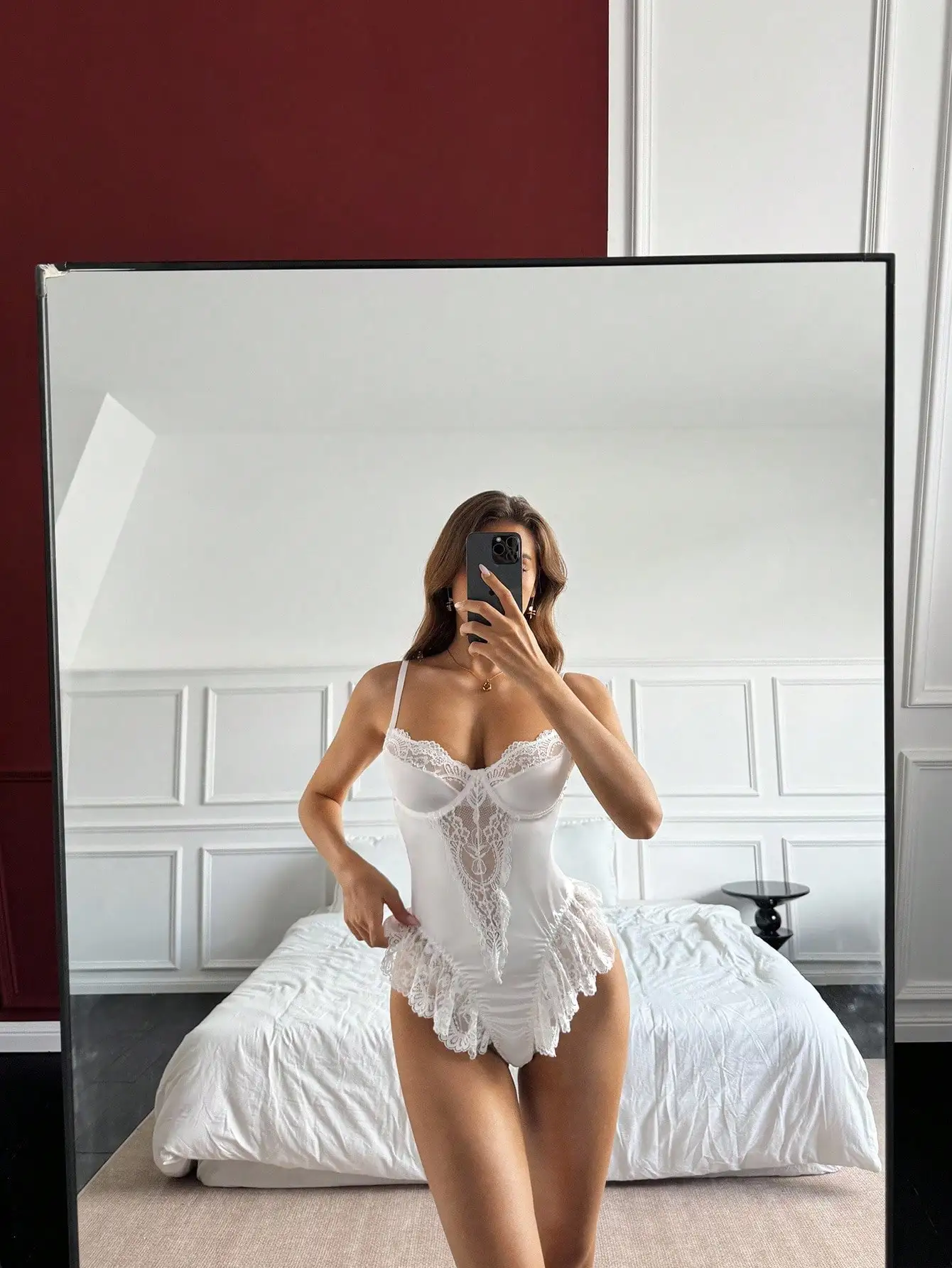 

White Lace Bodysuit with Ruffled Hem and Sheer Panel, Sexy Elegant Lingerie for Party or Bridal