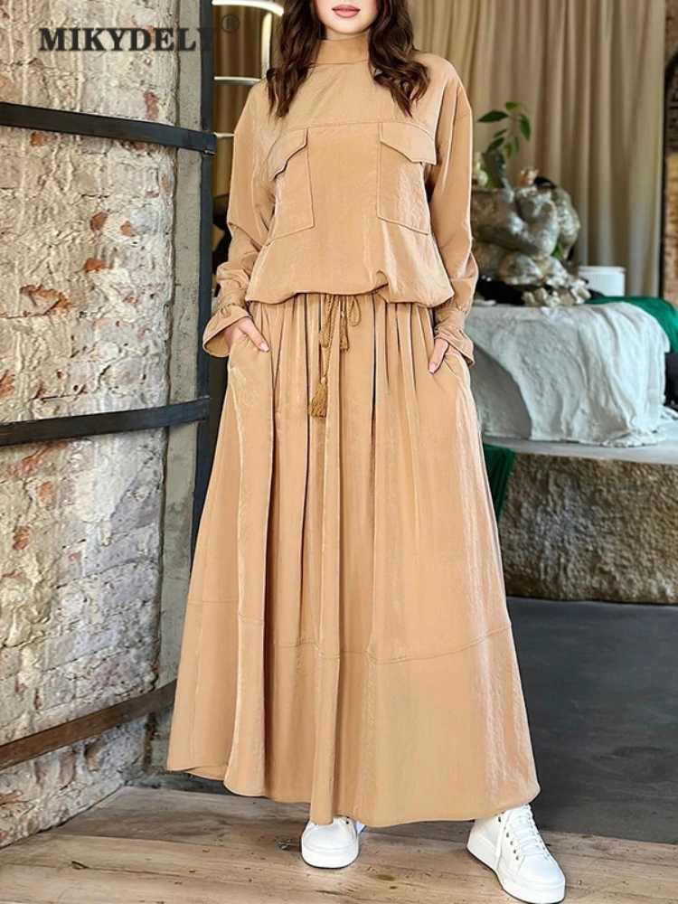 

Mikydely Autumn New Loose Casual Half-high Collar Long-sleeved Top High Waist Long Skirt Two-piece Set