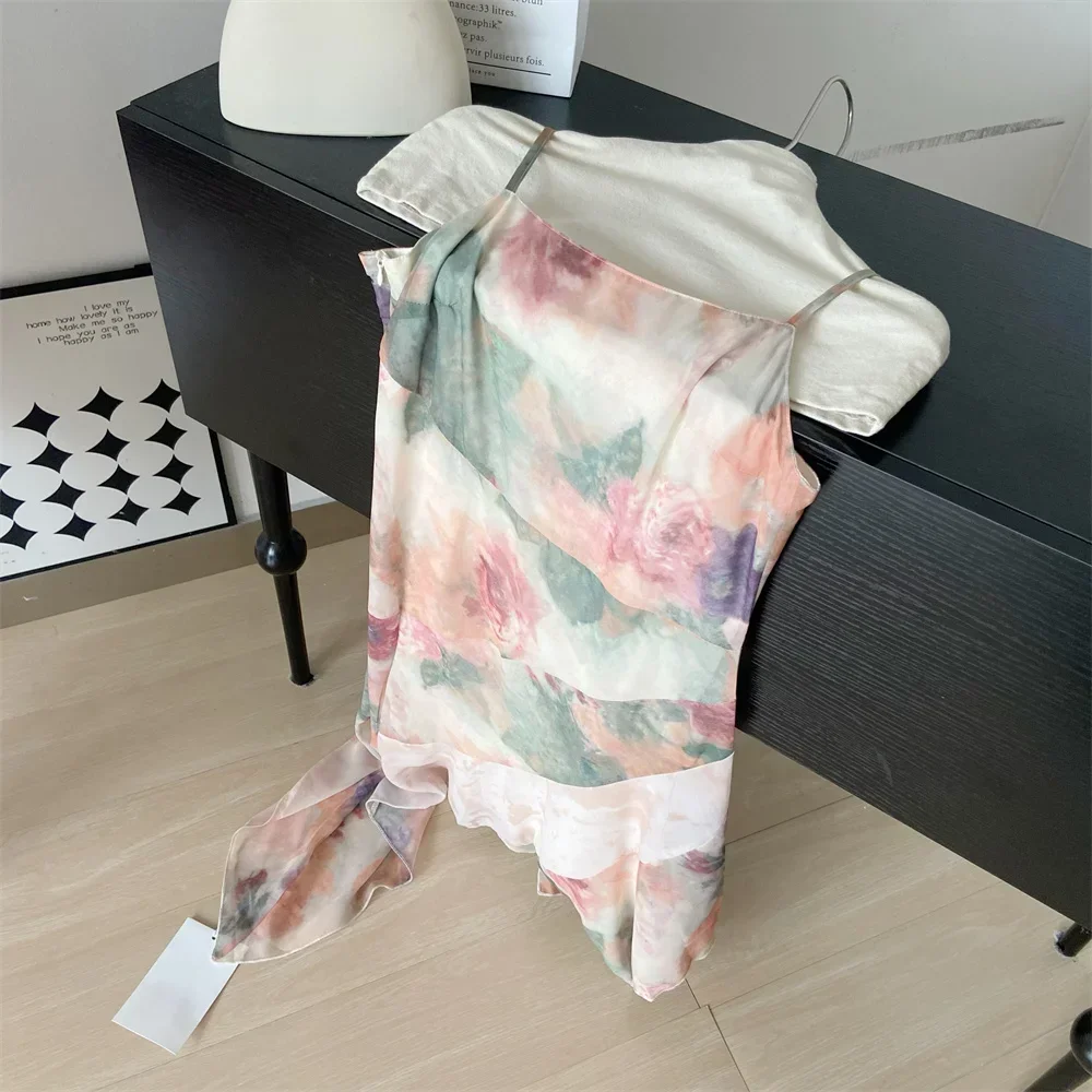 Summer Harajuku Design Spaghetti Strap Dress 2024 New senza maniche elegante abito floreale Sexy abiti da fata asimmetrici donna