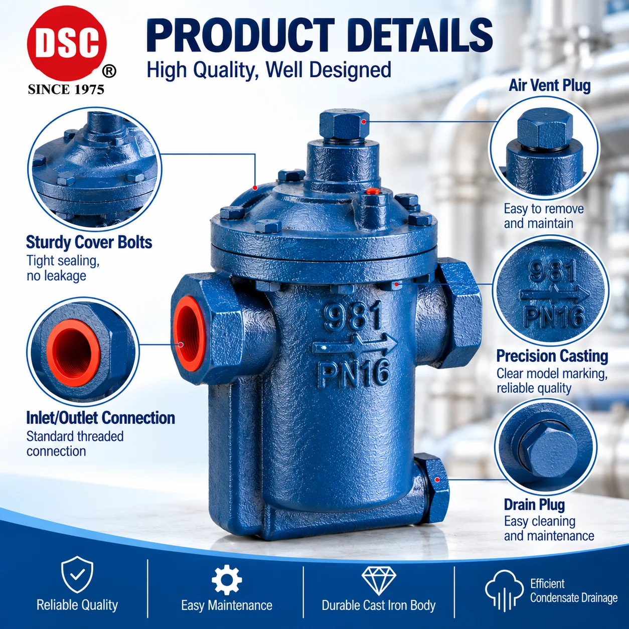 Inverted Bucket Steam Trap Cast Iron S.S.304 Internals 17kg/cm² 220°C for Steam Pipeline Heat Exchanger Condensate Drainage