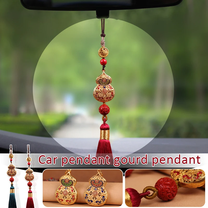 Chinese Hollow Gourd Brass Fu Carved Lucky Pendant Car Hanging Accessories Decor Feng Shui Hulu Amulet Pendant Birthday Gift 