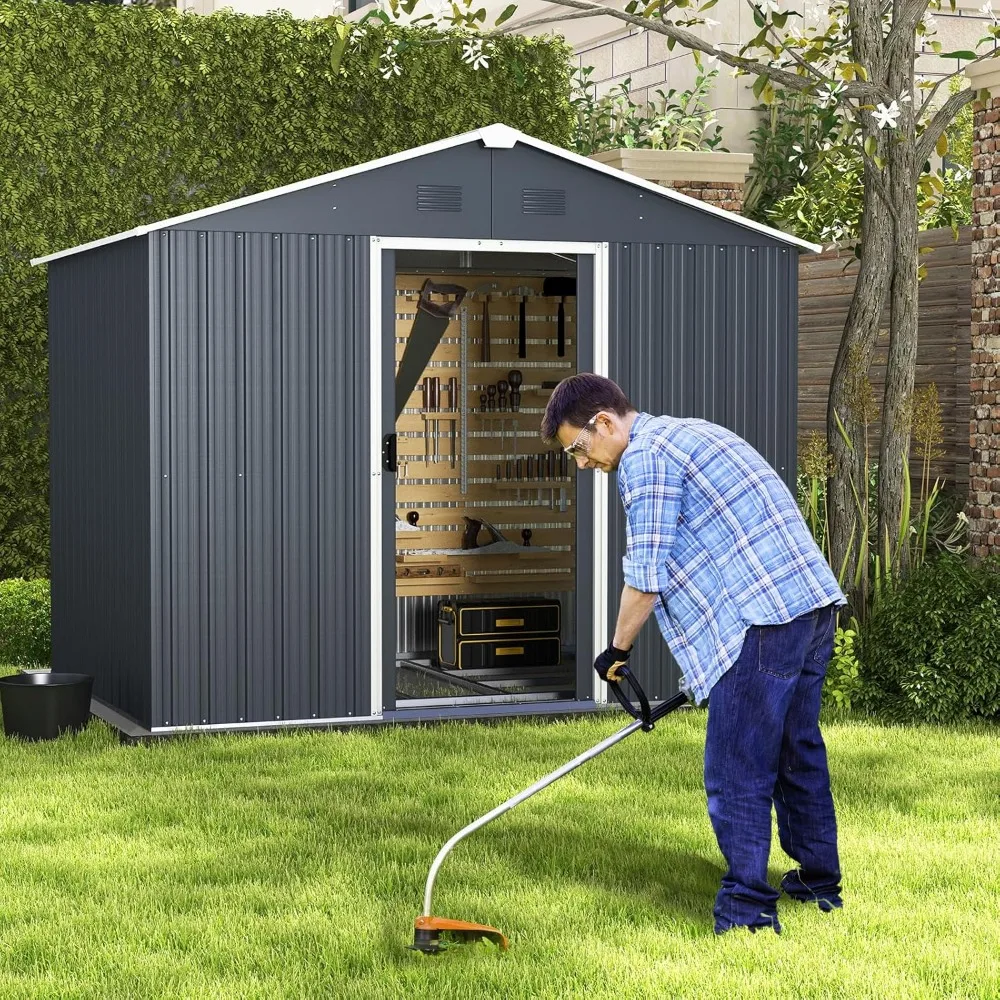 

Outdoor Storage Shed with Floor Foundation, Large Garden Tool Bike Shed with Lockable Sliding Door & Air Vents