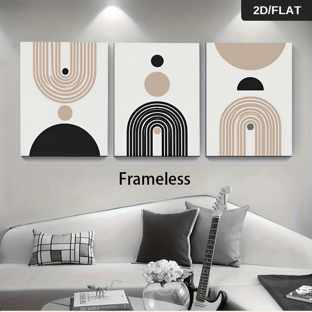 1 set of modern minimalist abstract geometry triptych frameless paintings in black, white, beige, Morandi color scheme 2D plane