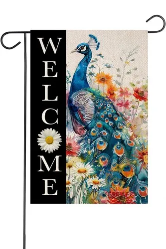 Peacock With White Daisy Welcome Garden Flag 12x18 In Seasonal Outdoor Linen ... OOV IIC