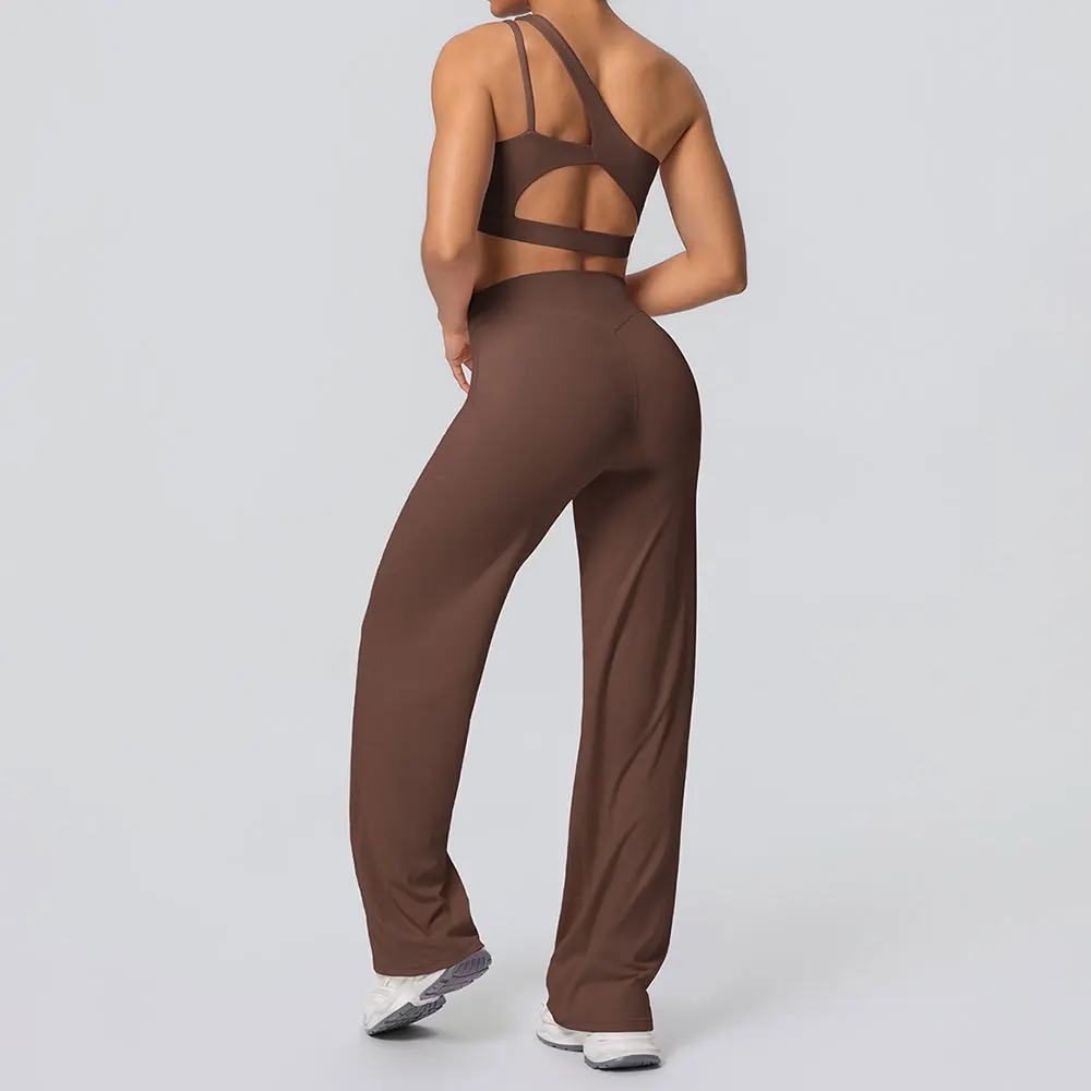 

2 Pieces Yoga Set Workout Tracksuit Women Crop Top One Shoulder Bra High Waist Bell Bottom Pants Set Female Fitness Sports Suits