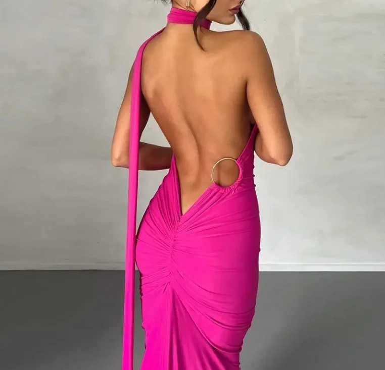 

Women's Sexy Dress 2025 Spring Summer Backless Pleated Slim Fit Solid Color Sleeveless Temperament Skinny Maxi Dress Long Skirt