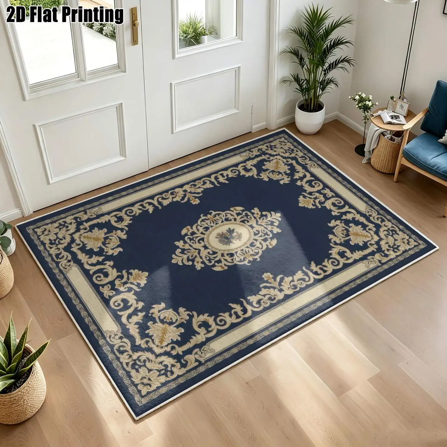 1Pc 2D Printed Velvet Carpet: Dark Blue Pattern, Vintage/European/Nordic/Instagram Style, Multiple Sizes, Machine Washable, for Entrance, Living Room, Bedroom, Dining Room, Foyer
