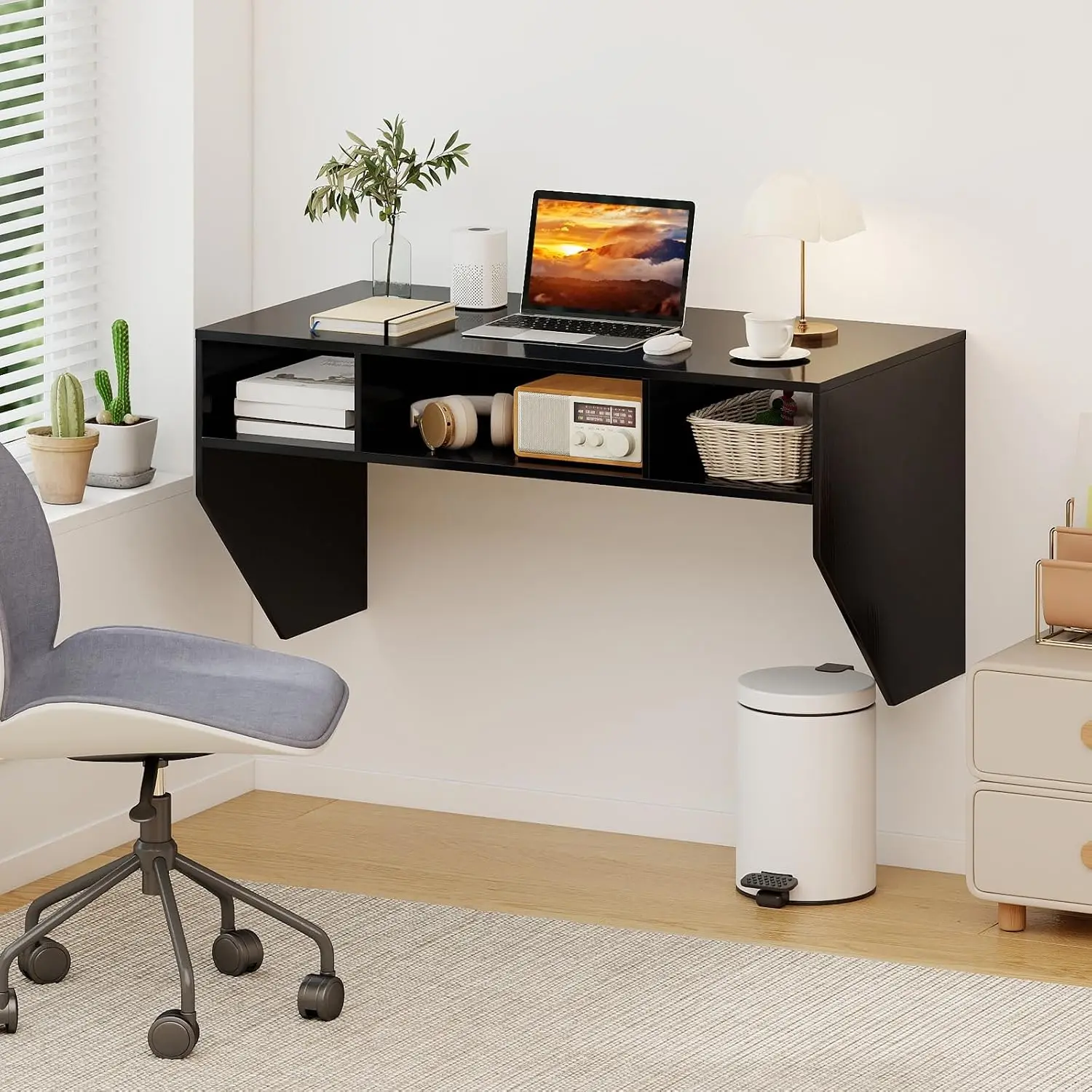 Wall Mounted Computer Desk, Floating Laptop Table, Home Office Study Workstation, Hanging Organizer Shelf With Storage Compartments, Modern Space Saving Vanity, Black