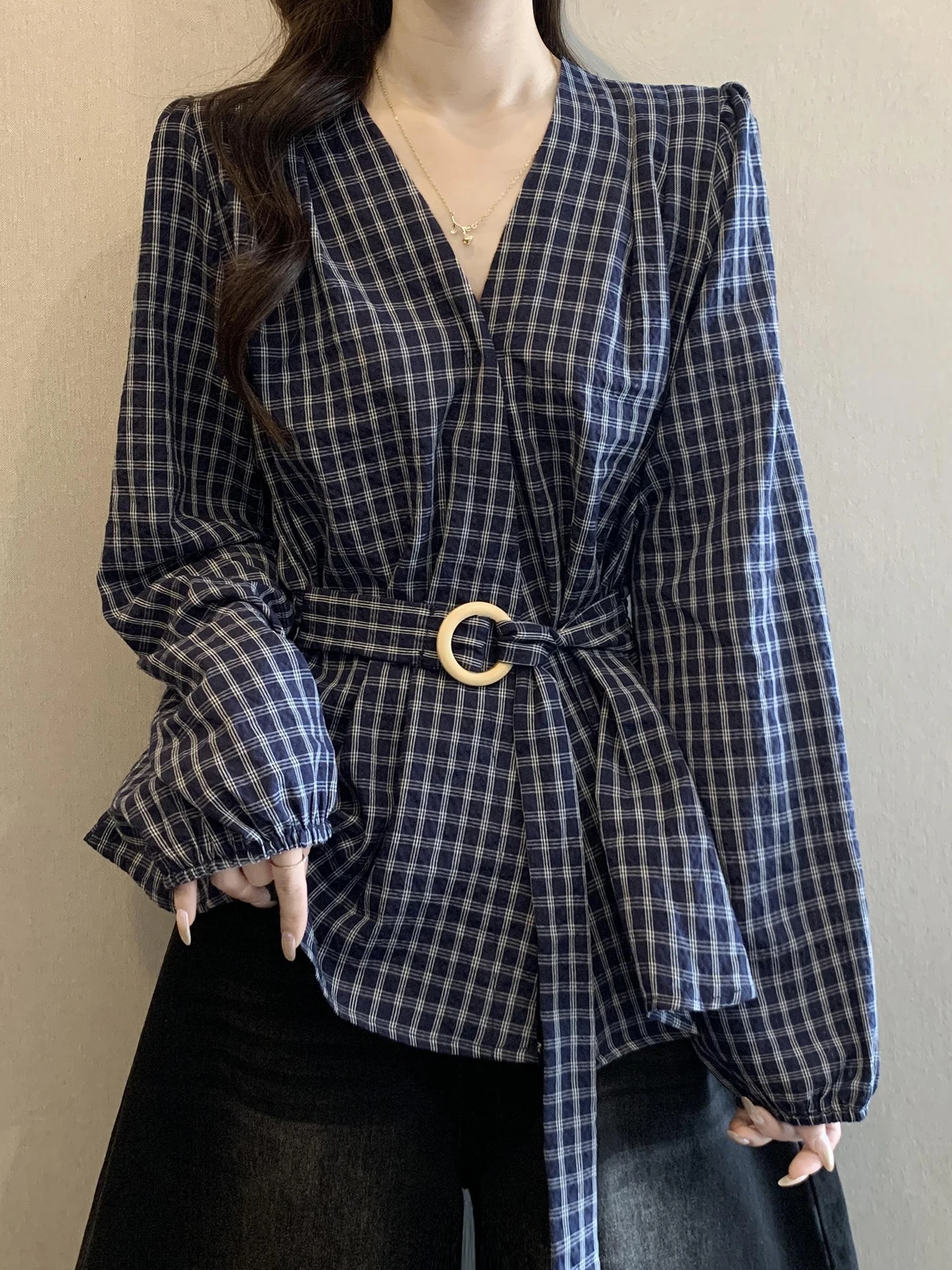 

Slimming plus Size Women's irt Spring Collection Long Sve Plaid Vintage Blue High Waist Effect Korean Sle Office Wear