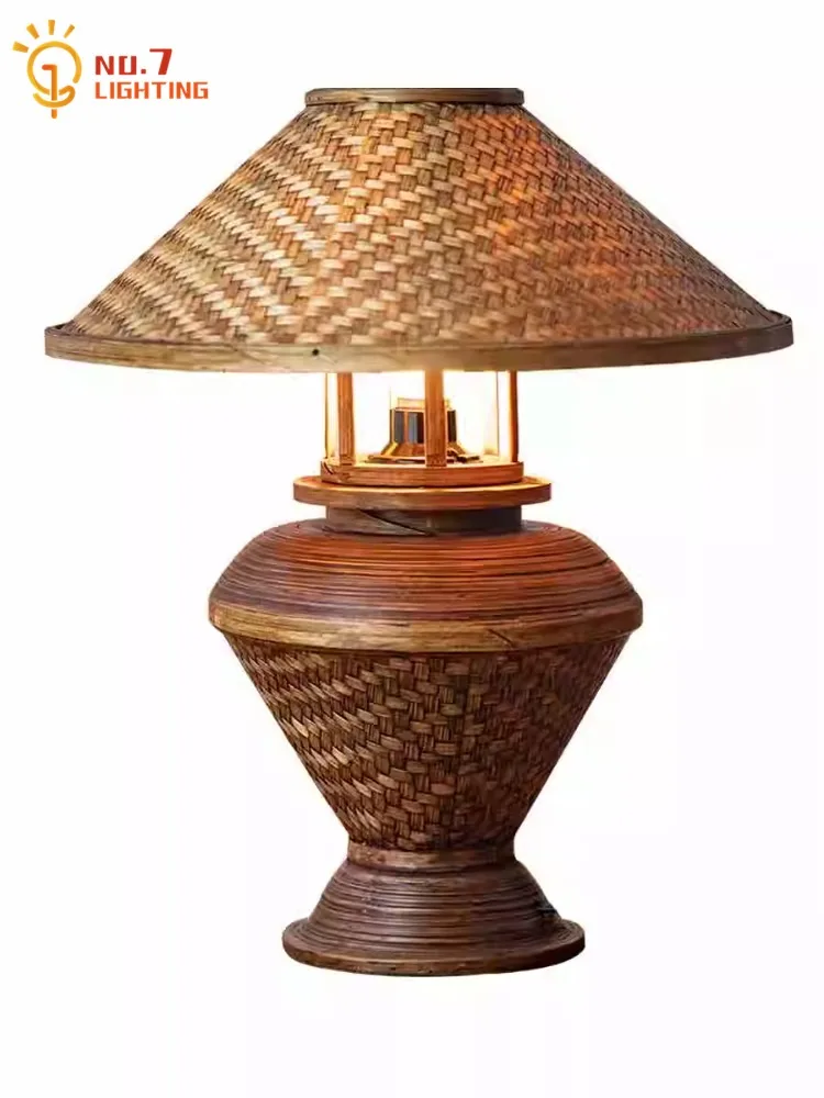 

Southeast Asian Thai Design Bamboo Weaving Table Lamp LED E27 Bedroom Bedside Vintage Desk Lights Hotel Club Kitchen Restaurant